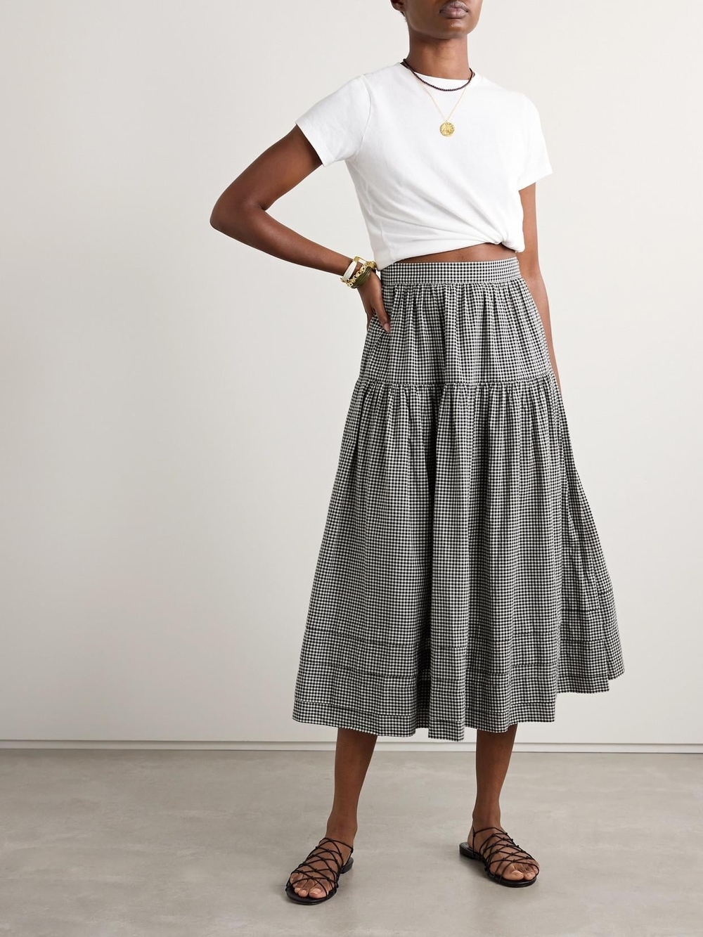 Doen Sebastian Black-and-White Gingham Tiered Midi Skirt